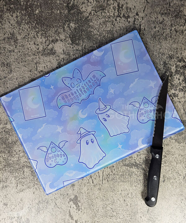 kawaii witchy ghosties ouija bats pastel pink blue glass chopping board or worktop protector