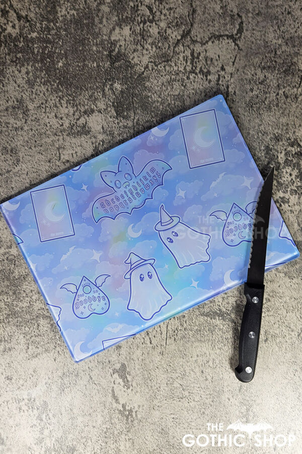 kawaii witchy ghosties ouija bats pastel pink blue glass chopping board or worktop protector