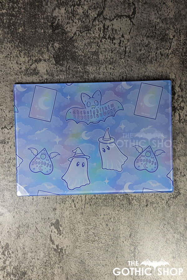 kawaii witchy ghosties ouija bats pastel pink blue glass chopping board or worktop protector