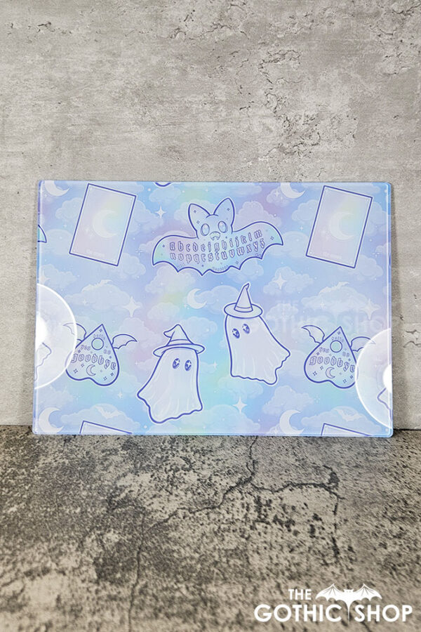 kawaii witchy ghosties ouija bats pastel pink blue glass chopping board or worktop protector