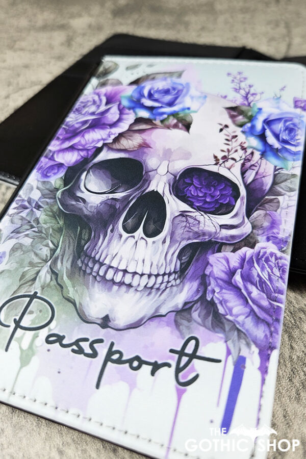 skull purple roses gothic passport & credit card holder