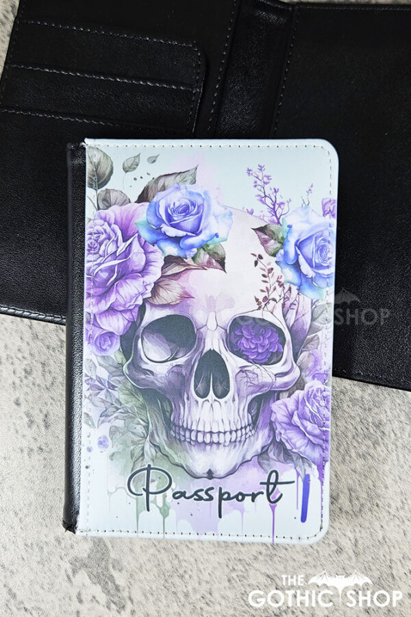 skull purple roses gothic passport & credit card holder