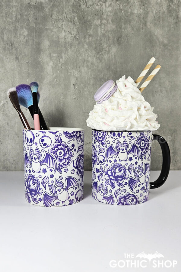 spooky porcelain purple bats & flowers gothic mug gift