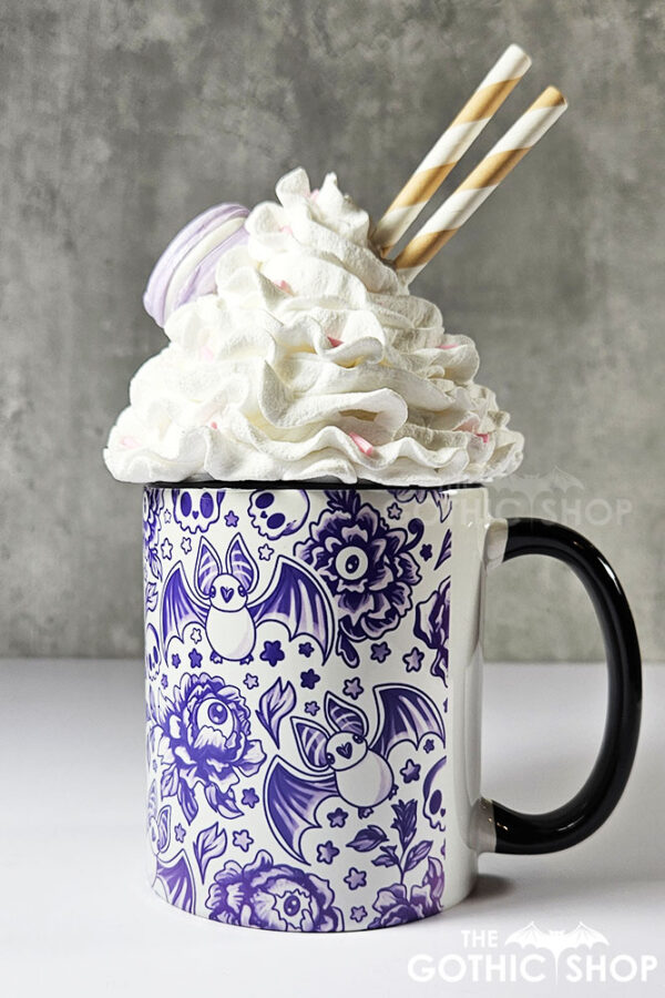 spooky porcelain purple bats & flowers gothic mug gift