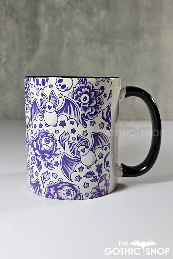 spooky porcelain purple bats & flowers gothic mug gift