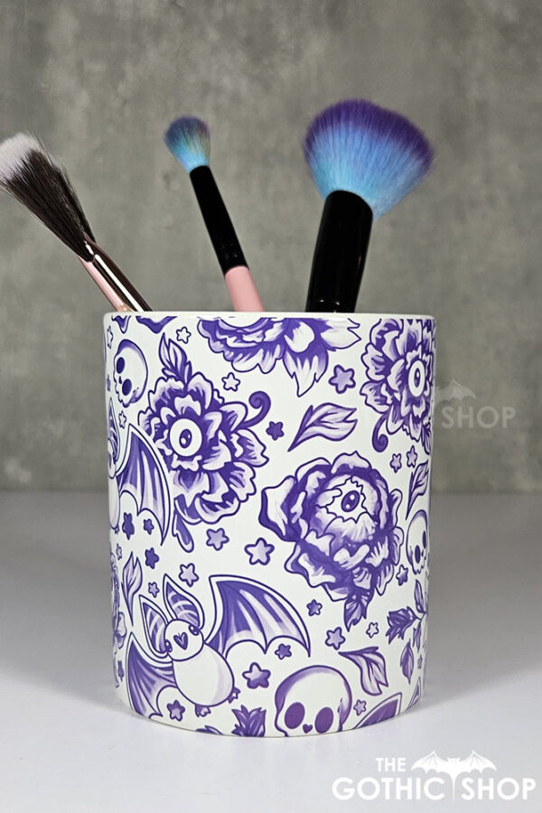 spooky porcelain purple bats & flowers pen or makeup brush pot