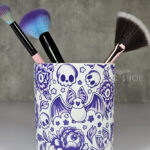 spooky porcelain purple bats & flowers pen or makeup brush pot