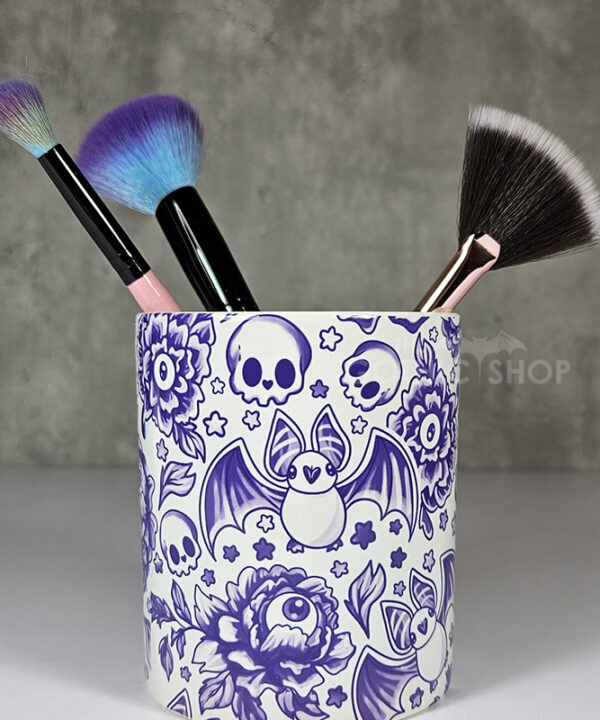 spooky porcelain purple bats & flowers pen or makeup brush pot