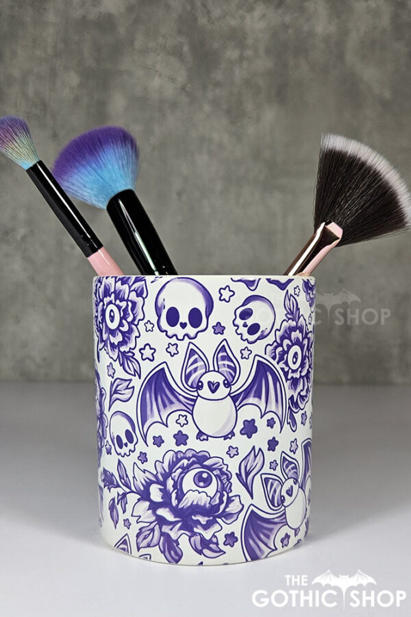 spooky porcelain purple bats & flowers pen or makeup brush pot