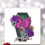 til death do us read skeletal hand & book in coffin gothic birthday or valentine's card