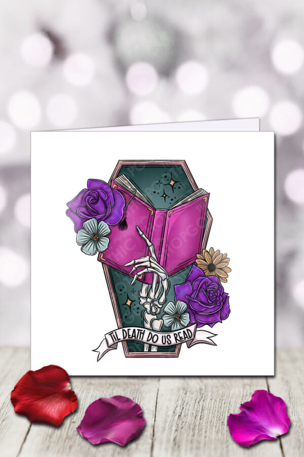 til death do us read skeletal hand & book in coffin gothic birthday or valentine's card