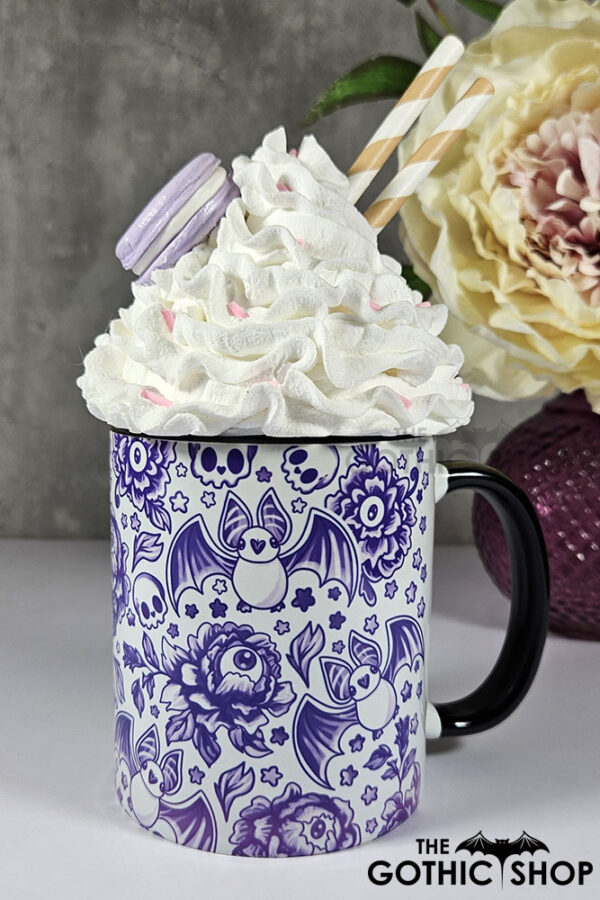 spooky porcelain purple bats & flowers gothic mug