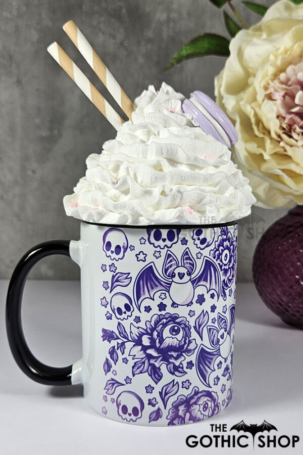 spooky porcelain purple bats & flowers gothic mug