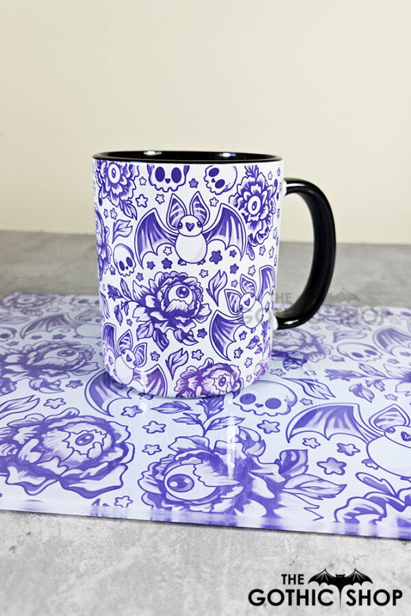 spooky porcelain purple bats & flowers gothic mug