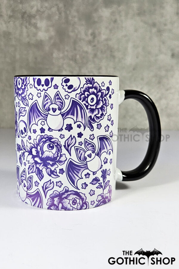 spooky porcelain purple bats & flowers gothic mug