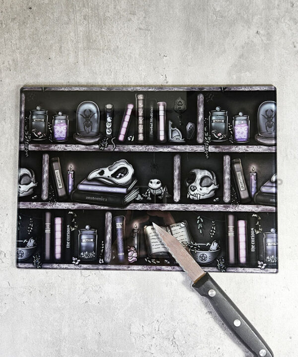 bookish witchy curios rustic grungy grey bookshelves glass chopping board or worktop protector