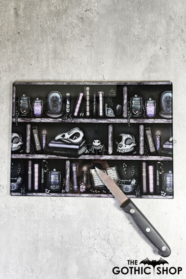 bookish witchy curios rustic grungy grey bookshelves glass chopping board or worktop protector