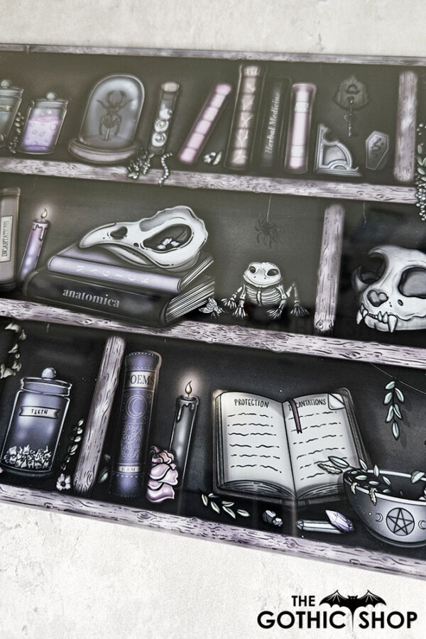 bookish witchy curios rustic grungy grey bookshelves glass chopping board or worktop protector