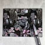 cottagecore grey tabby cat coffin bookshelves bookish glass chopping board or worktop protector