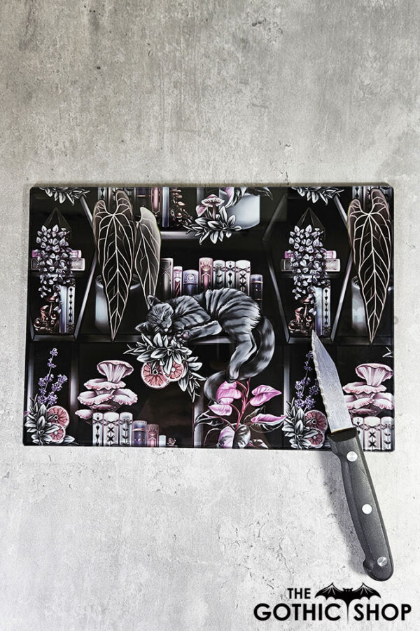 cottagecore grey tabby cat coffin bookshelves bookish glass chopping board or worktop protector
