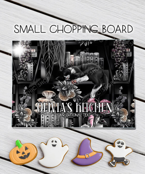 cottagecore grey tabby cat coffin bookshelves bookish glass chopping board or worktop protector