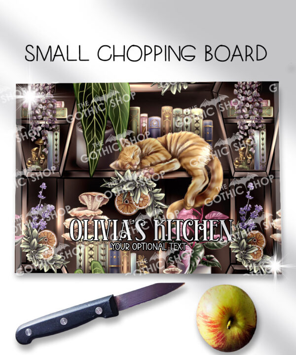 cottagecore grey tabby cat coffin bookshelves bookish glass chopping board or worktop protector