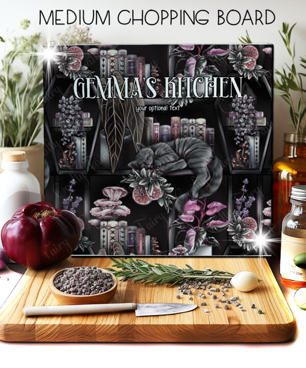 cottagecore grey tabby cat coffin bookshelves bookish glass chopping board or worktop protector