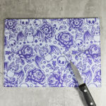 spooky porcelain purple bats & flowers glass chopping board or worktop protector