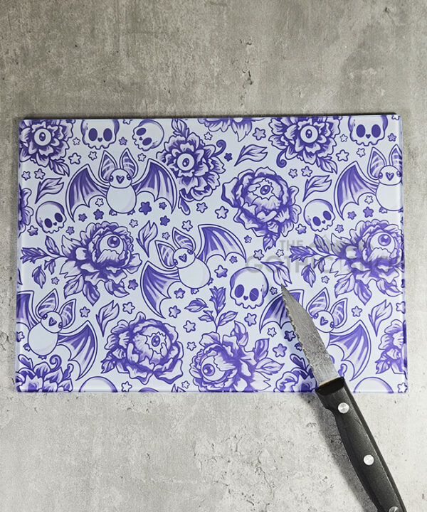spooky porcelain purple bats & flowers glass chopping board or worktop protector