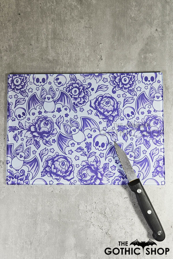 spooky porcelain purple bats & flowers glass chopping board or worktop protector