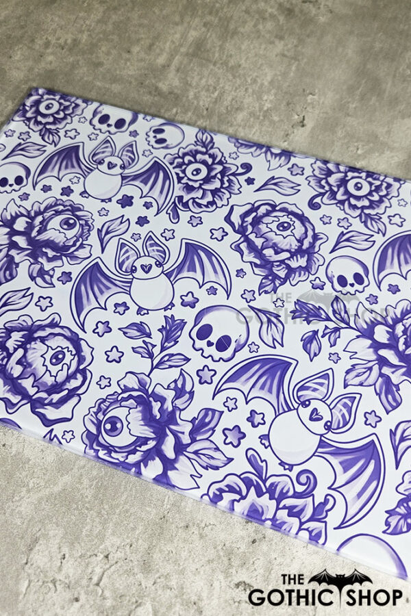 spooky porcelain purple bats & flowers glass chopping board or worktop protector