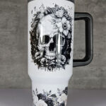flower skull black white gothic large 40oz tumbler stanley style cup