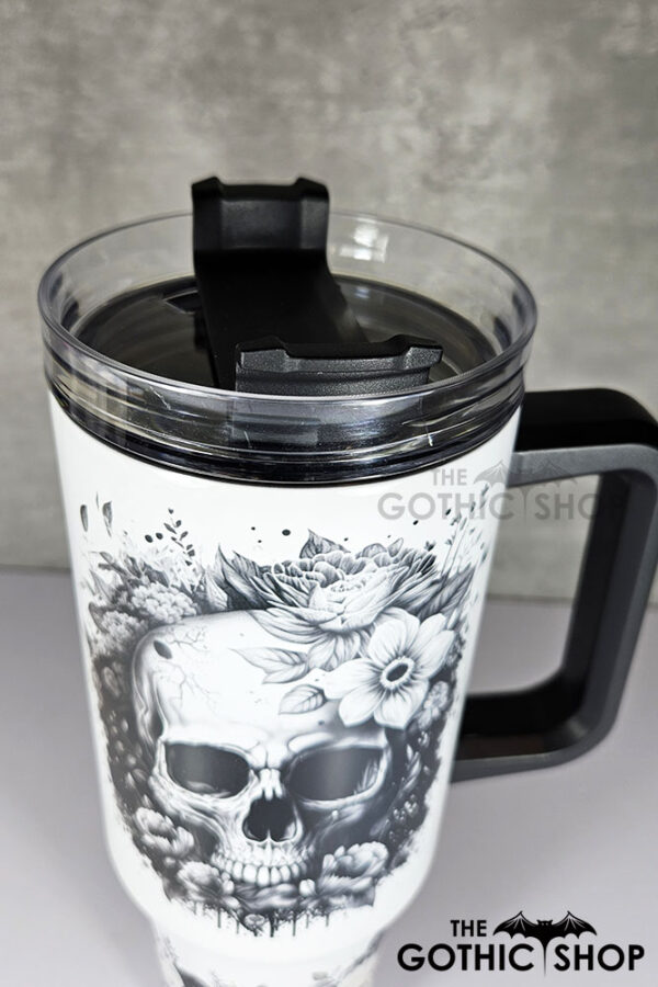 flower skull black white gothic large 40oz tumbler stanley style cup