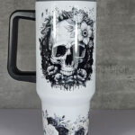 flower skull black white gothic large 40oz tumbler stanley style cup