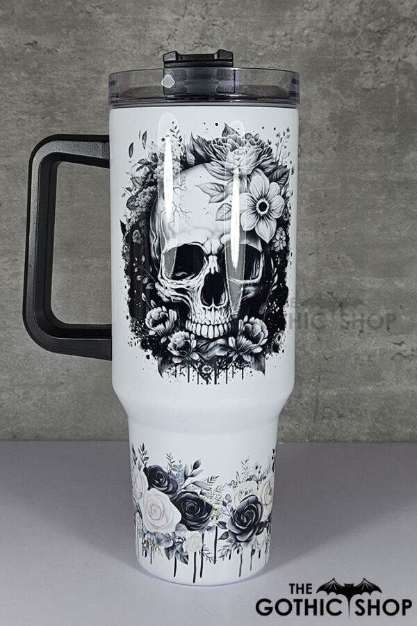 flower skull black white gothic large 40oz tumbler stanley style cup
