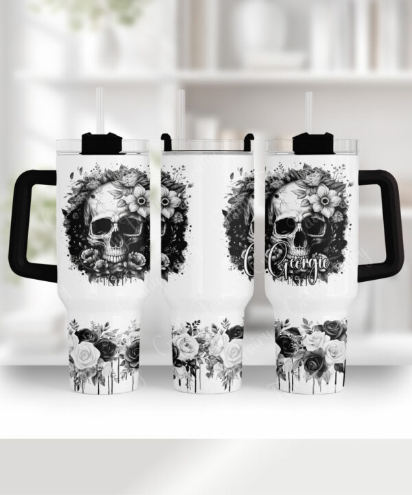 flower skull black white gothic large 40oz tumbler stanley style cup