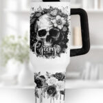 flower skull black white gothic large 40oz tumbler stanley style cup