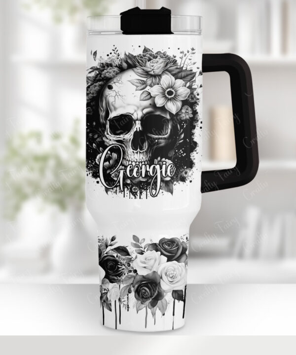 flower skull black white gothic large 40oz tumbler stanley style cup
