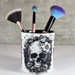 flower skull black & white pen or makeup brush pot