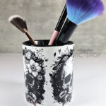 flower skull black & white pen or makeup brush pot