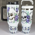happy skulls & purple flowers gothic large 40oz tumbler stanley style cup