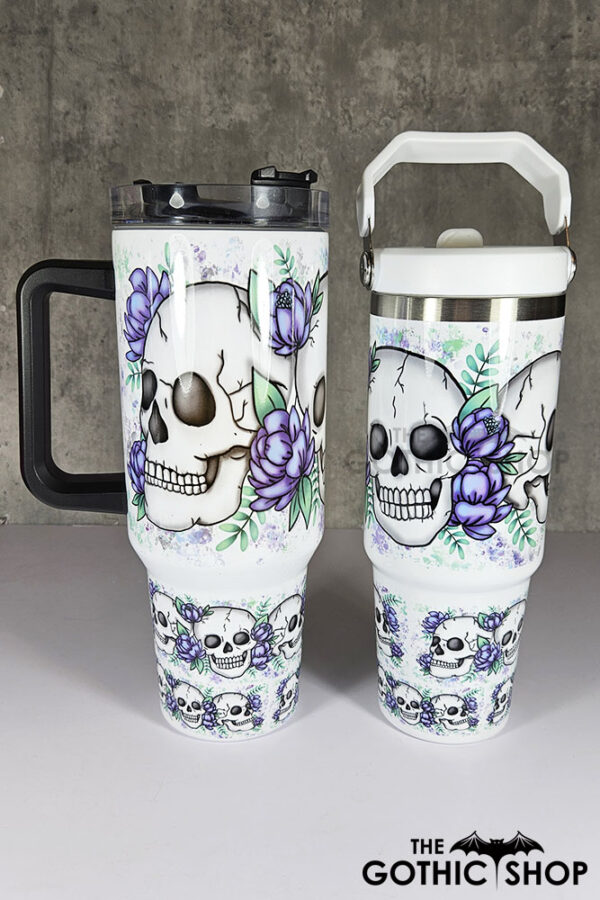 happy skulls & purple flowers gothic large 40oz tumbler stanley style cup