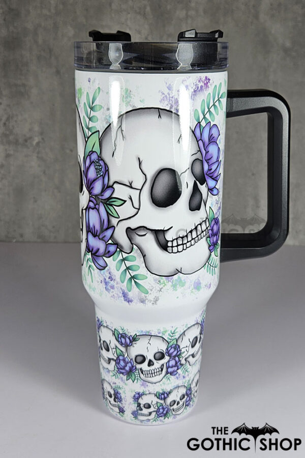 happy skulls & purple flowers gothic large 40oz tumbler stanley style cup