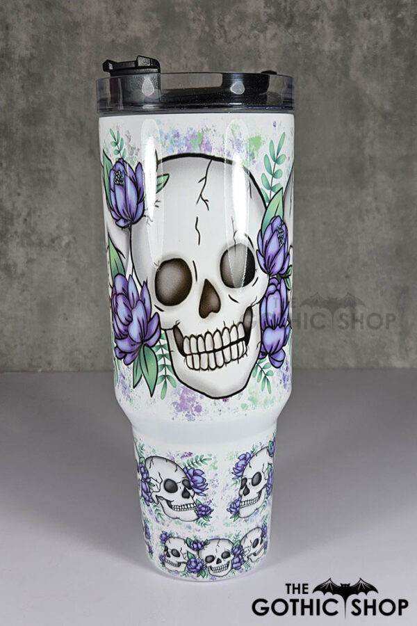 happy skulls & purple flowers gothic large 40oz tumbler stanley style cup