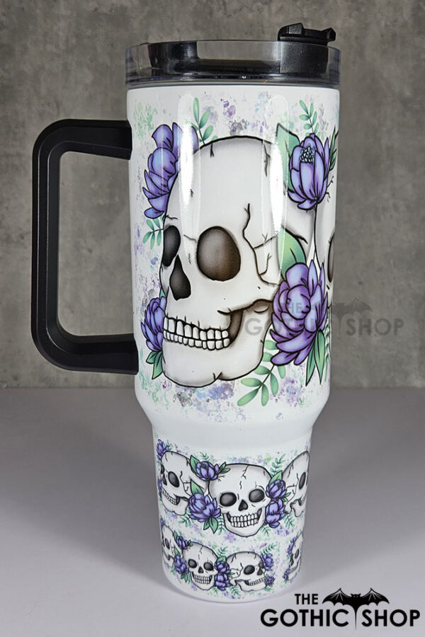 happy skulls & purple flowers gothic large 40oz tumbler stanley style cup