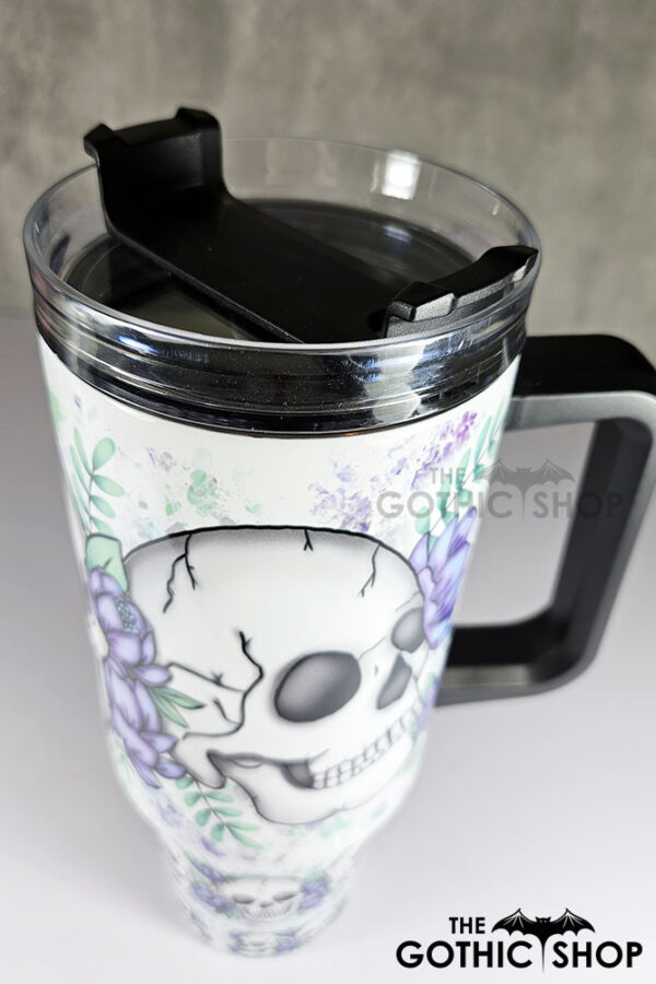 happy skulls & purple flowers gothic large 40oz tumbler stanley style cup
