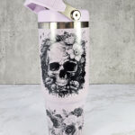 flower skull black & white 30oz gothic lavender purple travel tumbler