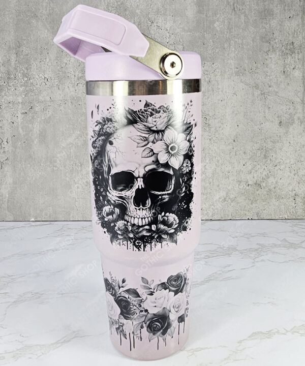 flower skull black & white 30oz gothic lavender purple travel tumbler