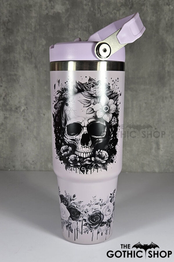flower skull black & white 30oz gothic lavender purple travel tumbler