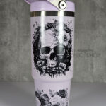 flower skull black & white 30oz gothic lavender purple travel tumbler